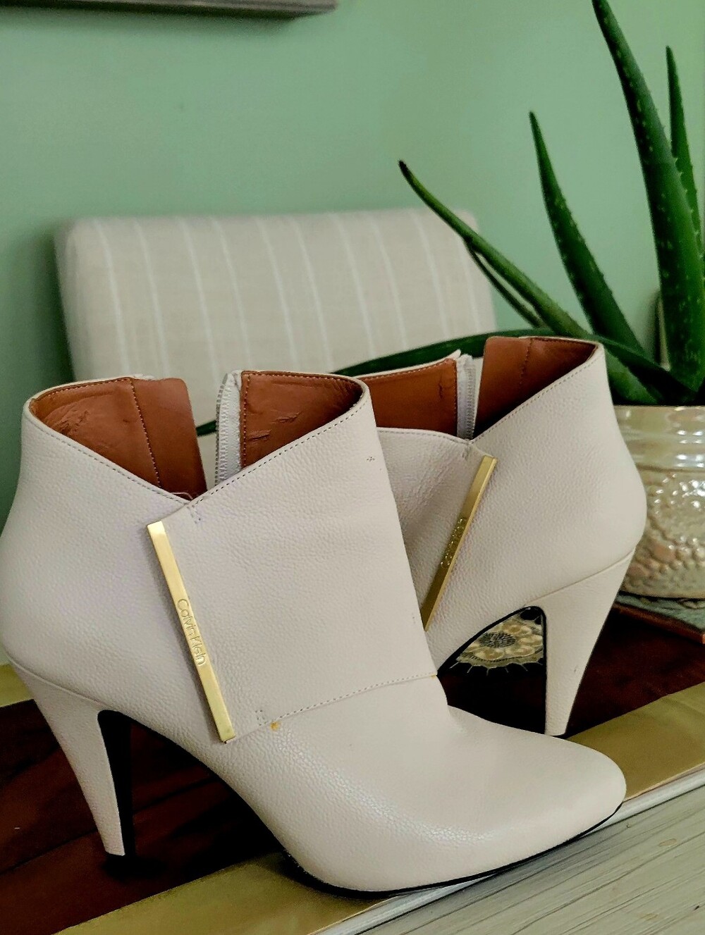 Calvin Klein Cream Leather Ankle Booties